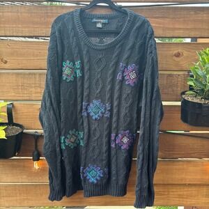 Architect Cable Knit Sweater Mens Large Black Embroidered Pullover